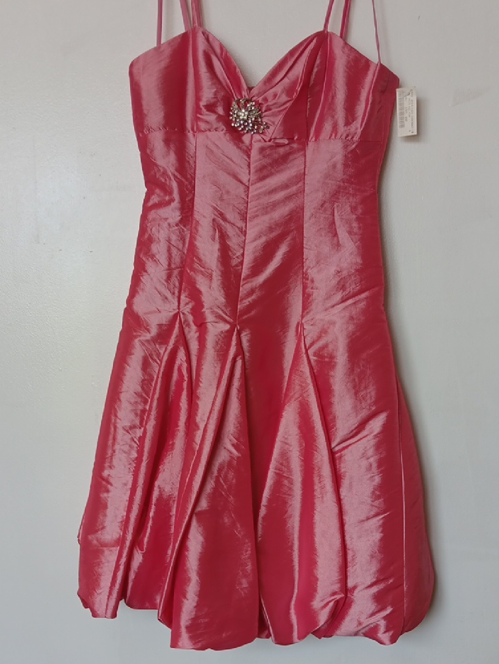 Vintage 80's Bubblegum Pink Satin Midi Dress with Rhinestone Brooch